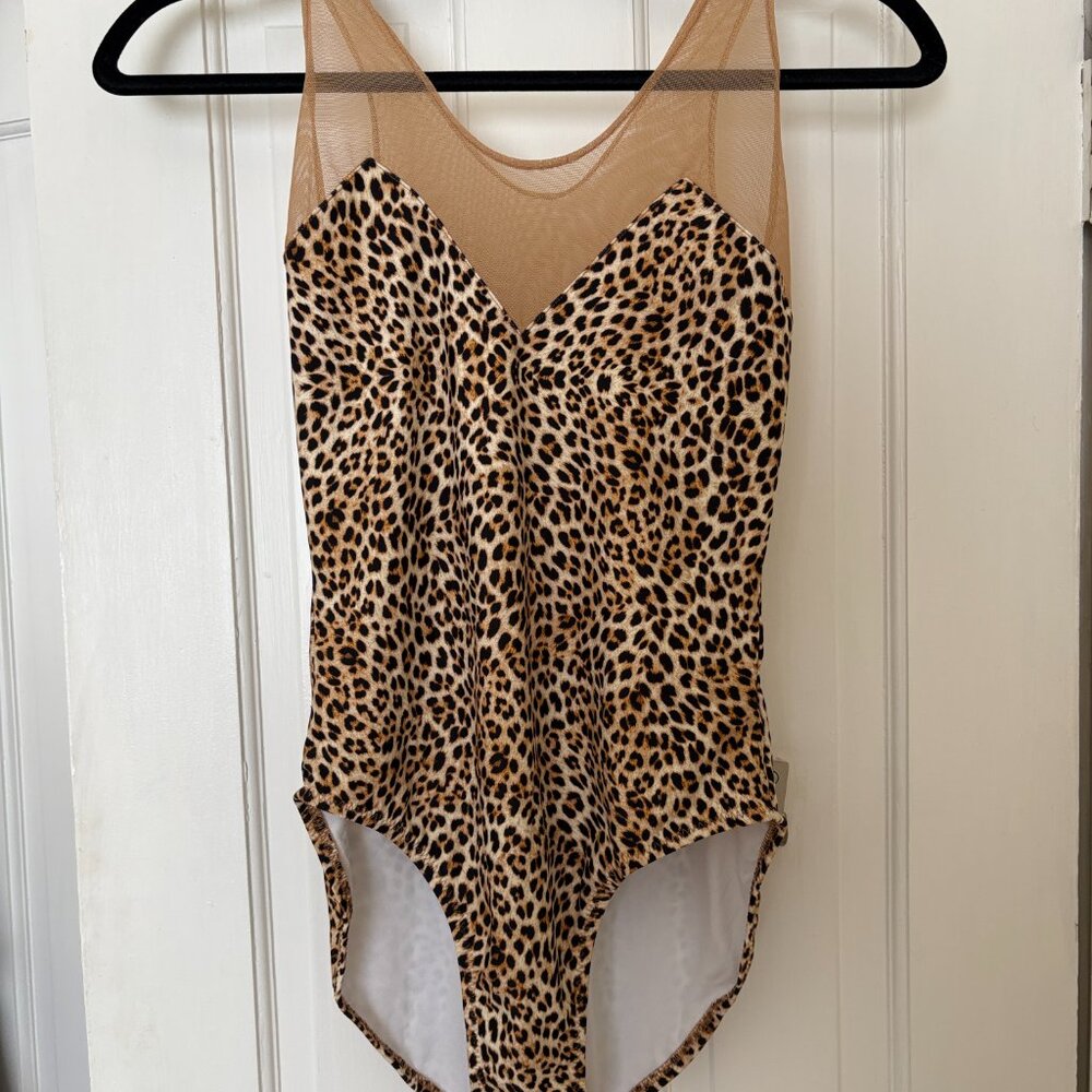 Norma Kamali Racer Deep-V Combo Mio Leopard Mesh One Piece Swimsuit Medium RARE